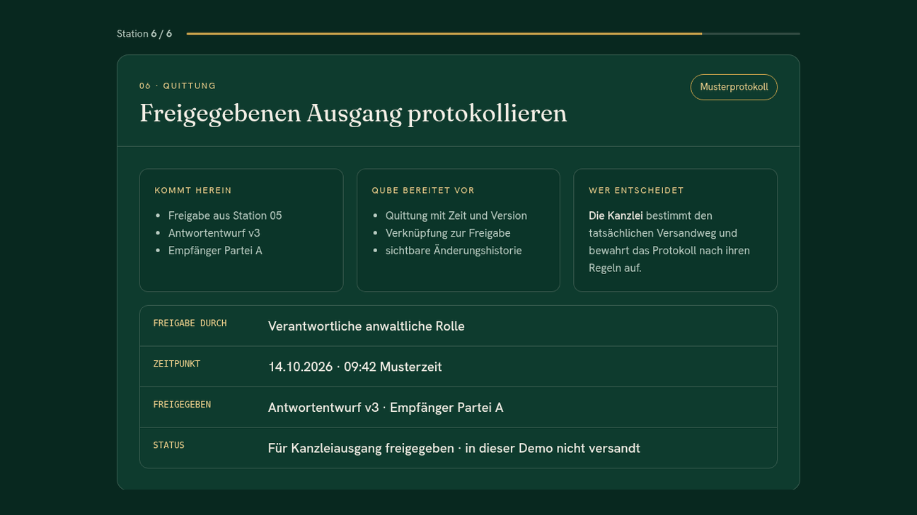 Qube-Legal-Musterdemo: Protokoll des freigegebenen Musterausgangs mit Rolle, Zeit und Version