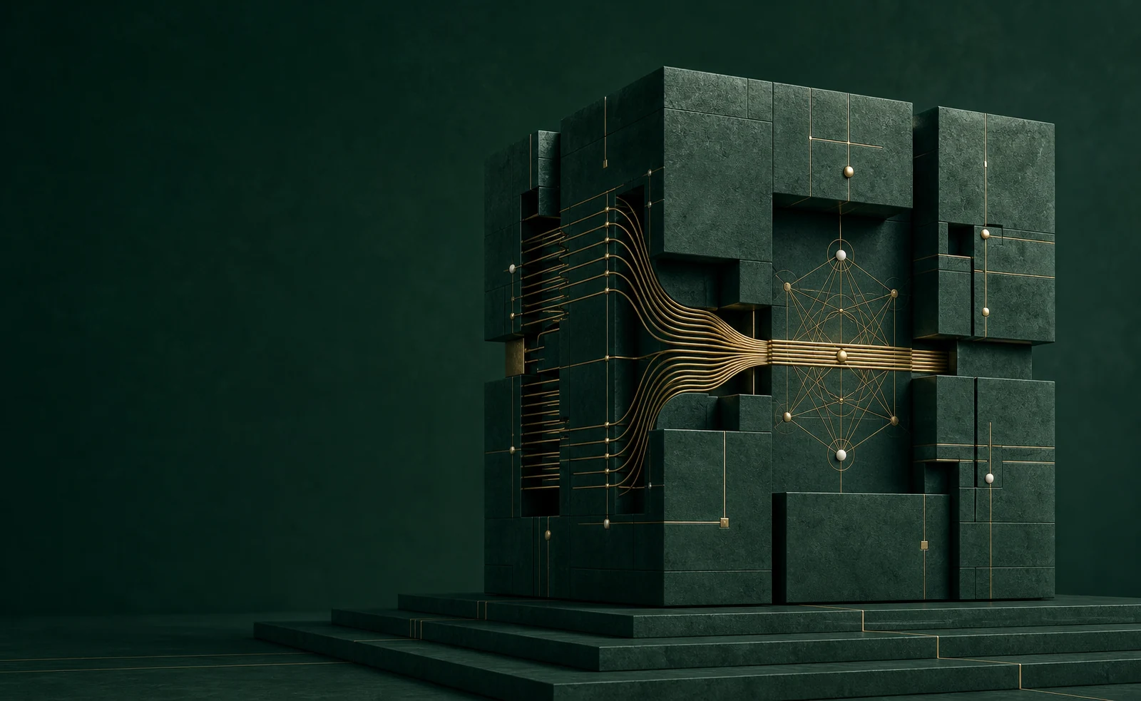 A monumental green QUBE structure coordinates many gold paths into one governed system.